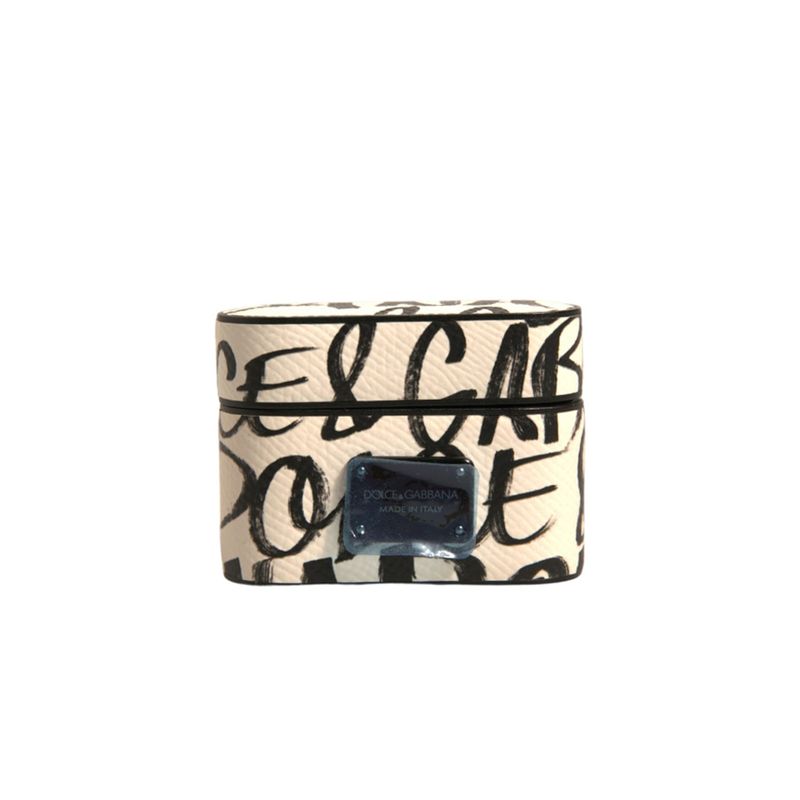 Dolce & Gabbana Black White Leather Scribble Embossed Logo Airpods Men's Case